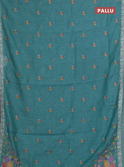 Art linen saree teal blue with allover convent embroidery buttas and embroidery border