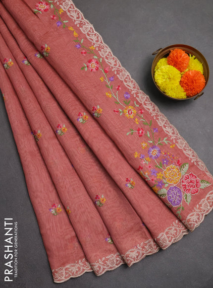 Art linen saree dark peach with allover convent embroidery buttas and embroidery border