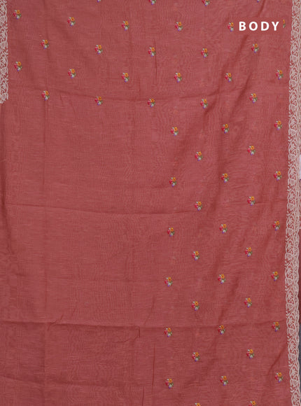Art linen saree dark peach with allover convent embroidery buttas and embroidery border