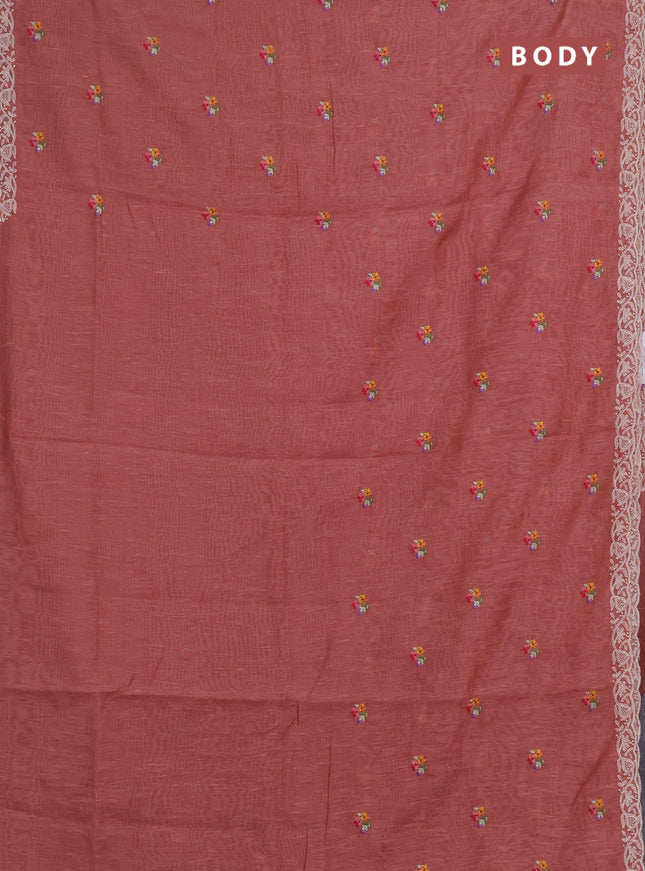 Art linen saree dark peach with allover convent embroidery buttas and embroidery border