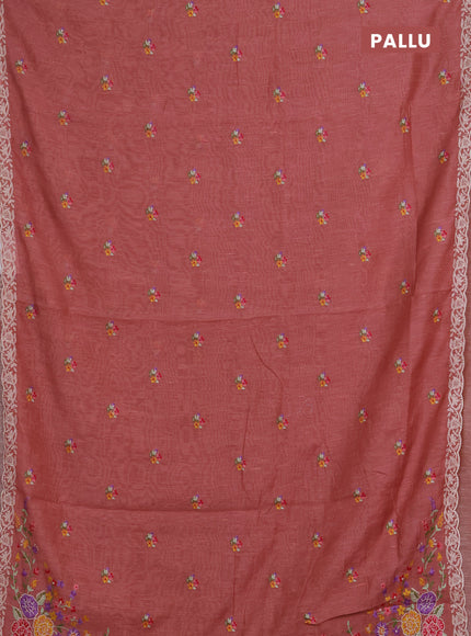 Art linen saree dark peach with allover convent embroidery buttas and embroidery border