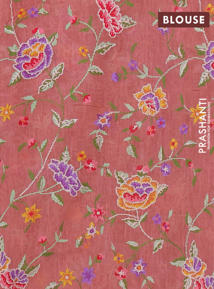 Art linen saree dark peach with allover convent embroidery buttas and embroidery border