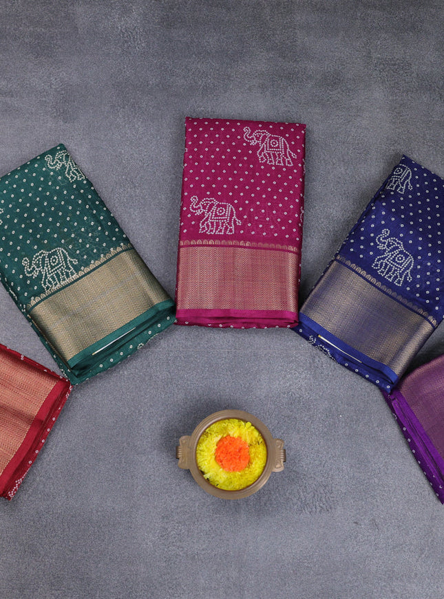 Semi dola pack of 5 multi colour with allover bandhani butta prints and zari woven border