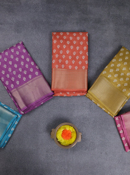 Semi dola pack of 5 multi colour with allover butta prints and zari woven border