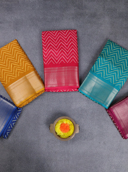 Semi dola pack of 5 multi colour with allover zigzag prints and zari woven border
