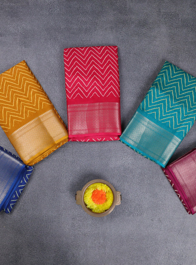 Semi dola pack of 5 multi colour with allover zigzag prints and zari woven border
