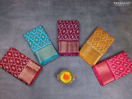Semi dola pack of 5 multi colour with allover ikat pritns and zari woven border