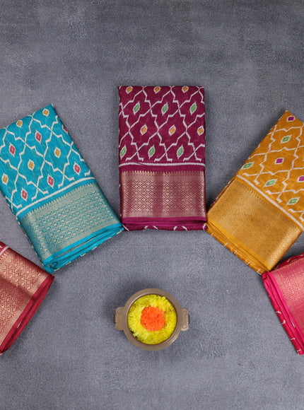 Semi dola pack of 5 multi colour with allover ikat pritns and zari woven border