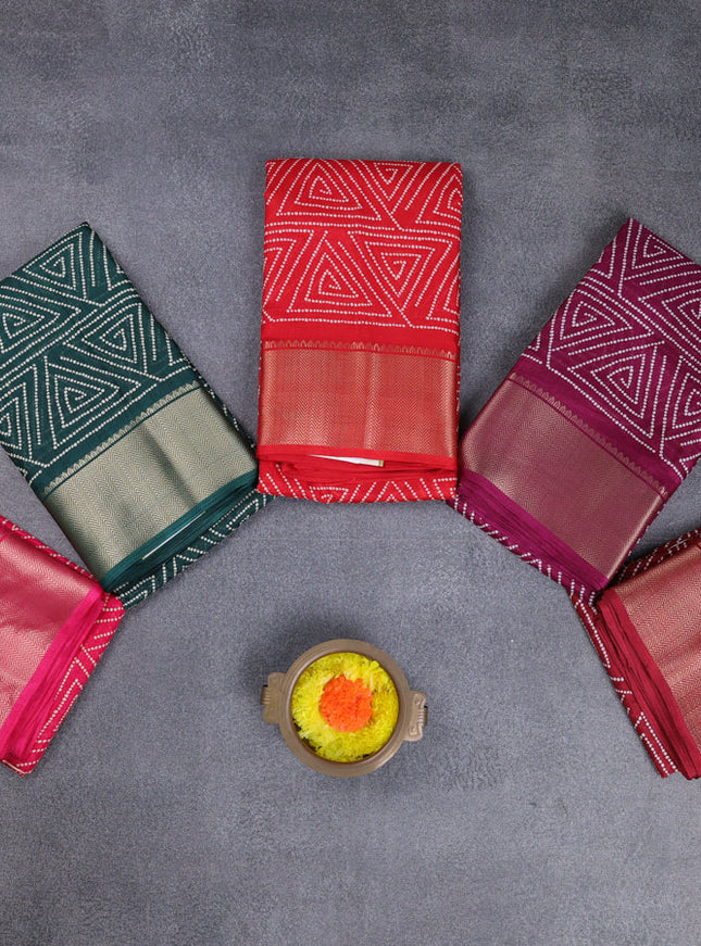 Semi dola pack of 5 multi colour with allover geometric prints and zari woven border
