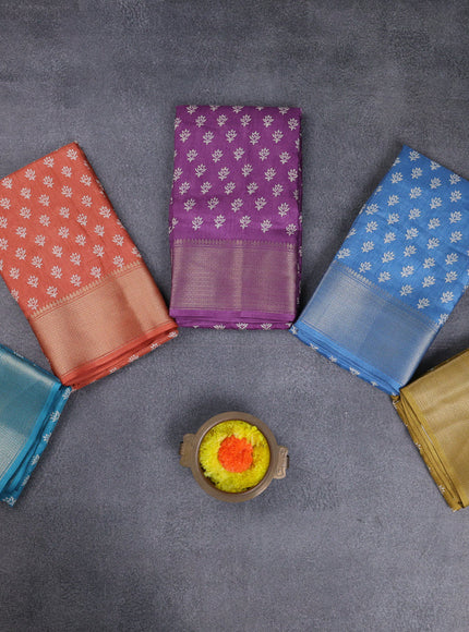 Semi dola pack of 5 multi colour with allover butta prints and zari woven border