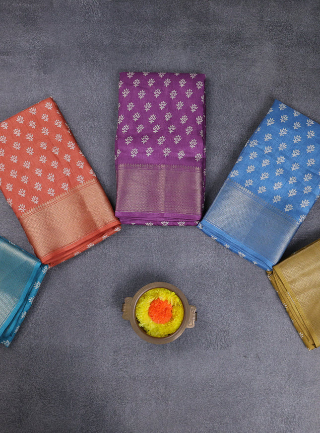 Semi dola pack of 5 multi colour with allover butta prints and zari woven border