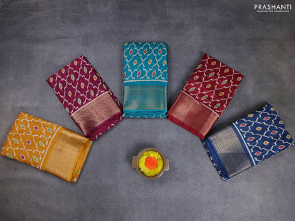 Semi dola pack of 5 multi colour with allover ikat weaves and zari woven border