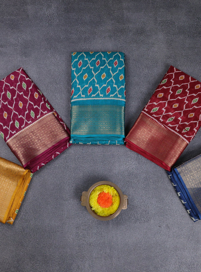 Semi dola pack of 5 multi colour with allover ikat weaves and zari woven border