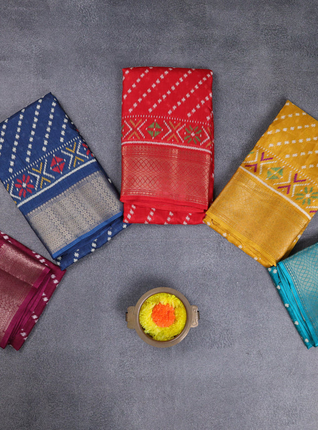 Semi dola pack of 5 multi colour with allover ikat weaves and zari woven border