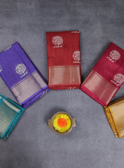 Semi dola pack of 5 multi colour with allover butta prints and zari woven border