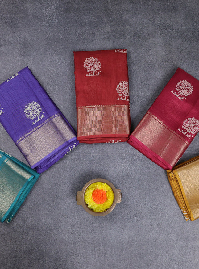 Semi dola pack of 5 multi colour with allover butta prints and zari woven border