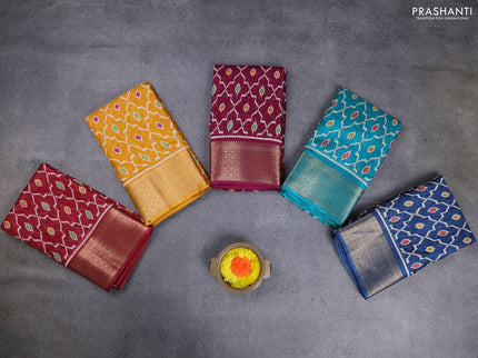 Semi dola pack of 5 multi colour with allover ikat weaves and zari woven border