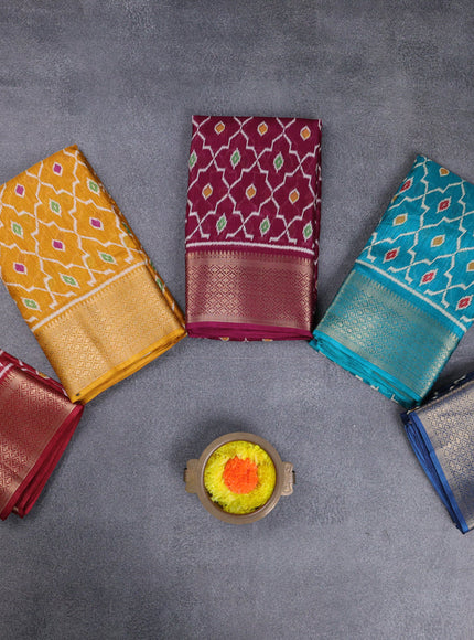 Semi dola pack of 5 multi colour with allover ikat weaves and zari woven border