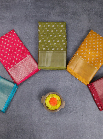 Semi dola pack of 5 multi colour with allover bandhani butta prints and zari woven border