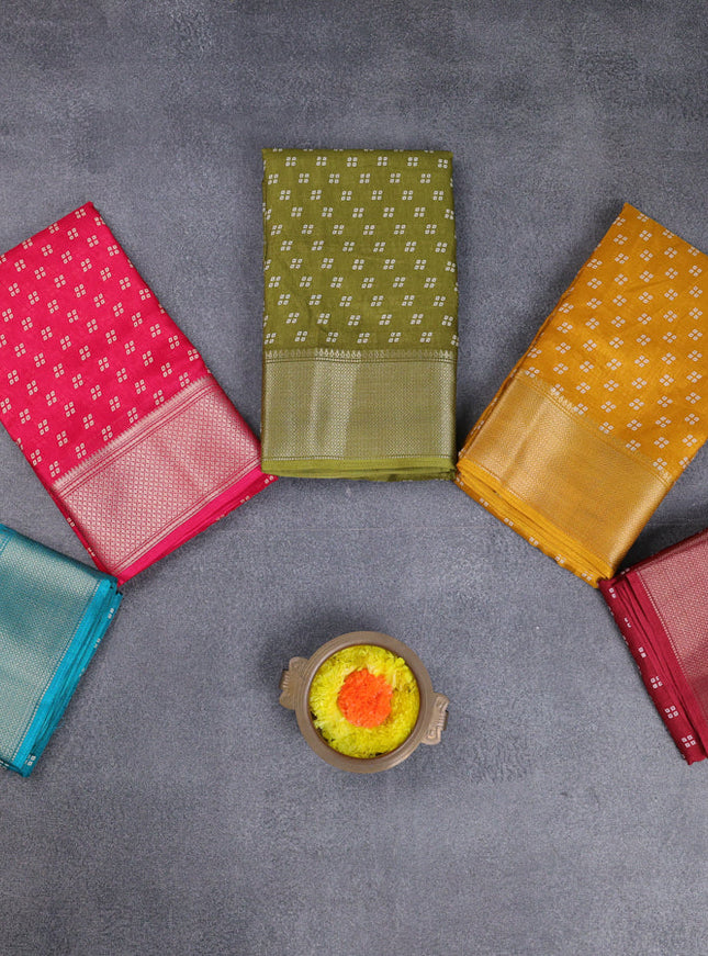 Semi dola pack of 5 multi colour with allover bandhani butta prints and zari woven border