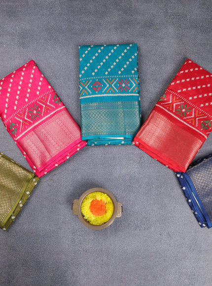 Semi dola pack of 5 multi colour with allover ikat weaves and zari woven border