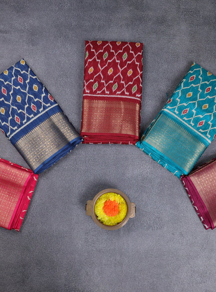 Semi dola pack of 5 multi colour with allover ikat weaves and zari woven border