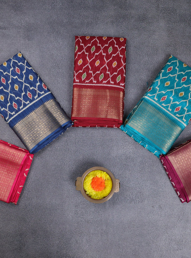 Semi dola pack of 5 multi colour with allover ikat weaves and zari woven border