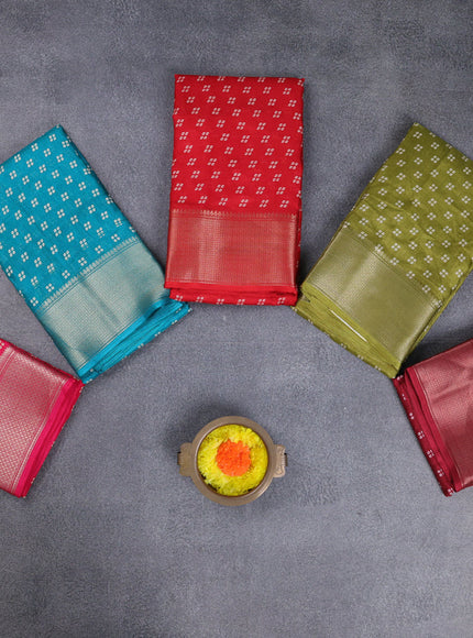 Semi dola pack of 5 multi colour with allover bandhani butta prints and zari woven border