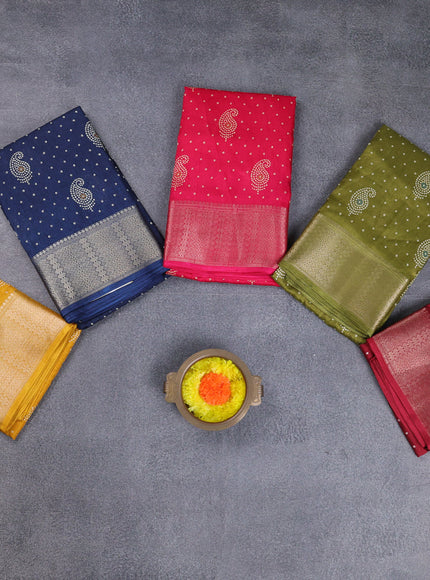 Semi dola pack of 5 multi colour with allover bandhani paisley butta prints and zari woven border