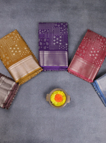 Semi dola pack of 5 multi colour with allover prints and zari woven border