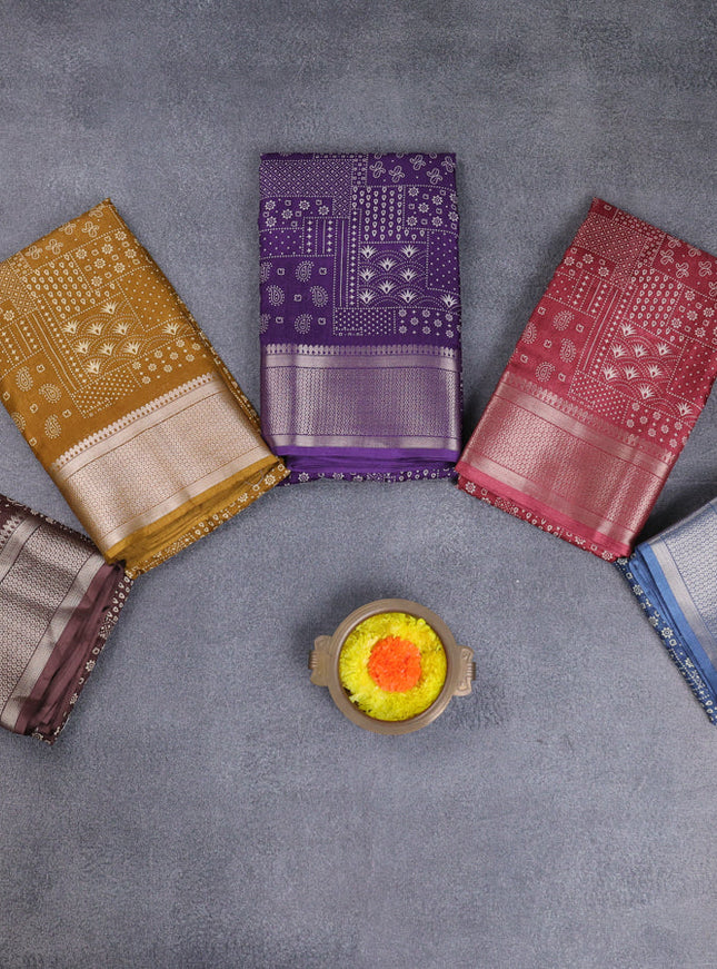 Semi dola pack of 5 multi colour with allover prints and zari woven border