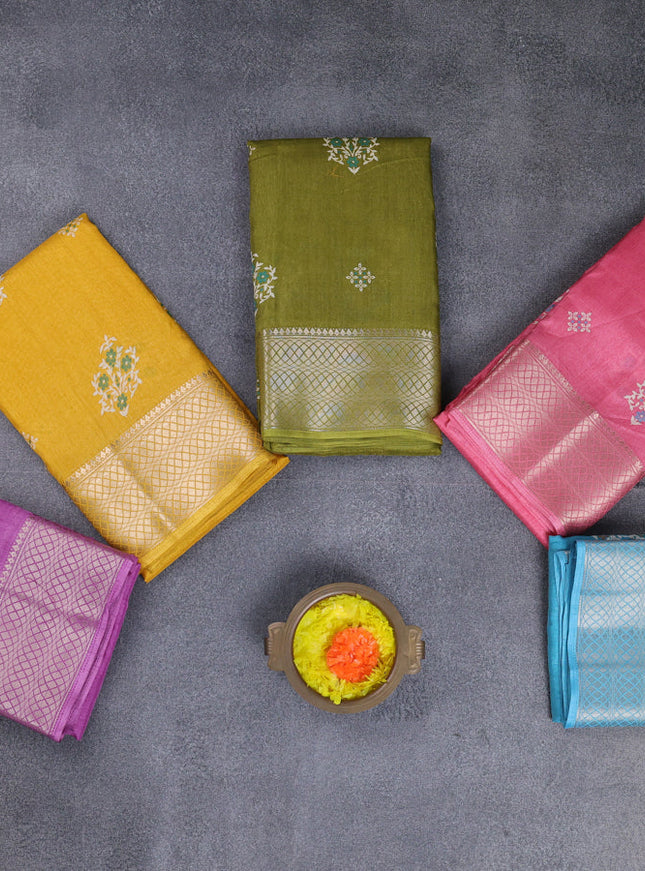 Semi dola pack of 5 multi colour with allover floral butta prints and zari woven border