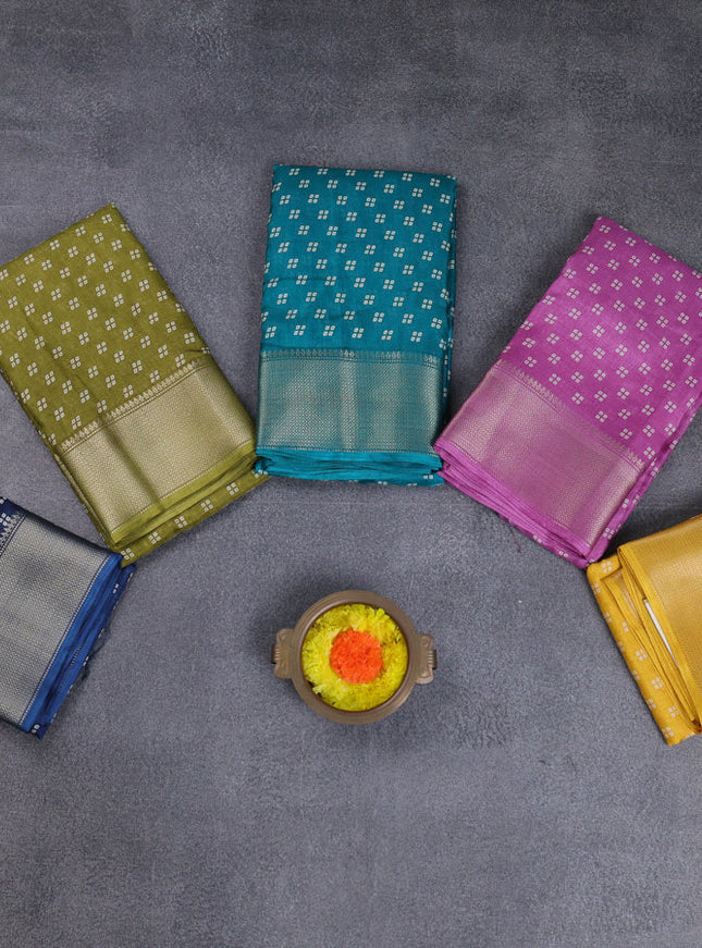 Semi dola pack of 5 multi colour with allover bandhani butta prints and zari woven border
