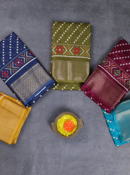 Semi dola pack of 5 multi colour with allover ikat weaves and zari woven border