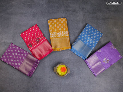 Semi dola pack of 5 multi colour and multi design with allover prints and zari woven border