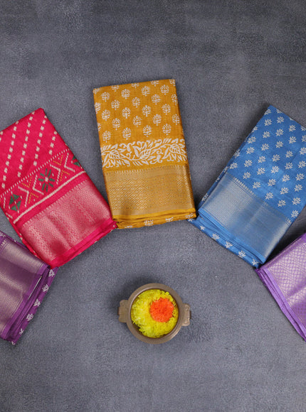 Semi dola pack of 5 multi colour and multi design with allover prints and zari woven border