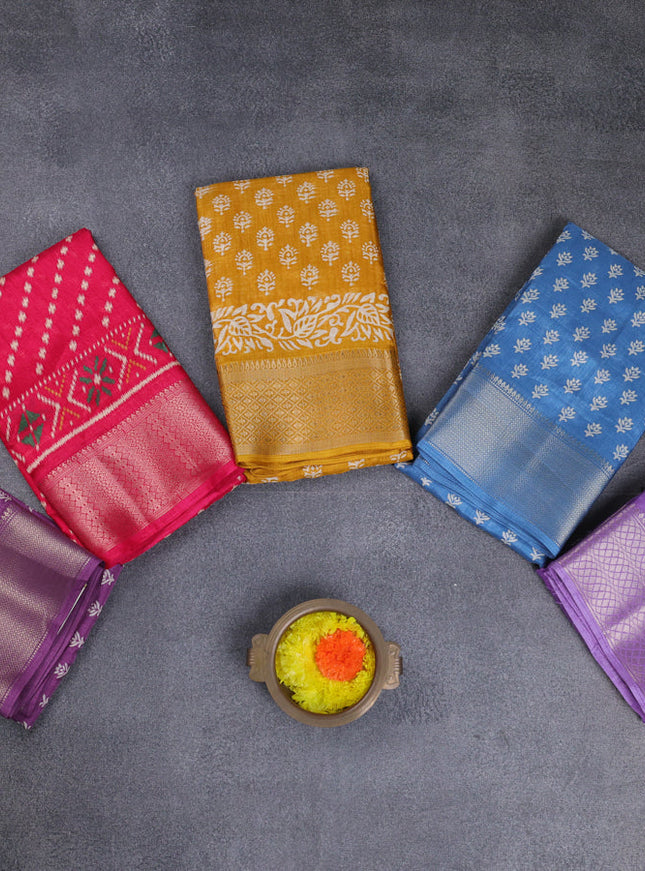 Semi dola pack of 5 multi colour and multi design with allover prints and zari woven border