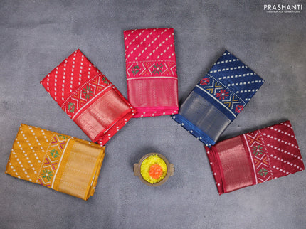 Semi dola pack of 5 multi colour and multi design with allover prints and zari woven border