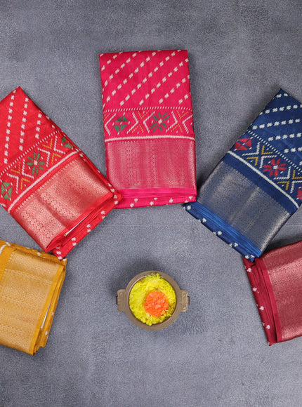 Semi dola pack of 5 multi colour and multi design with allover prints and zari woven border
