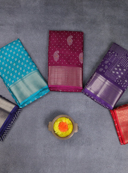 Semi dola pack of 5 multi colour and multi design with allover prints and zari woven border