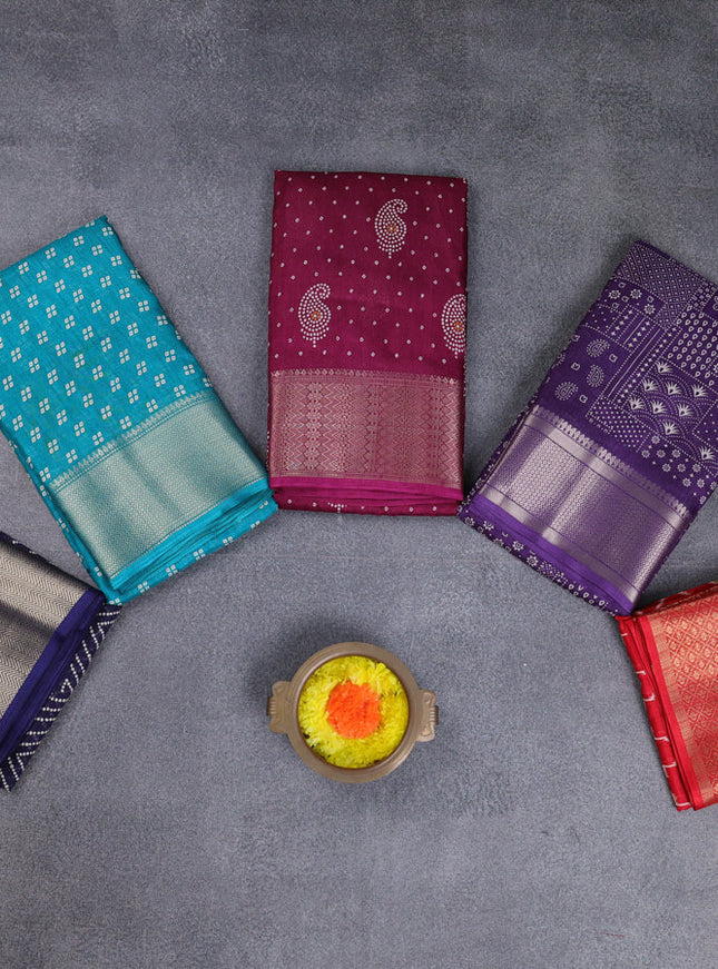 Semi dola pack of 5 multi colour and multi design with allover prints and zari woven border