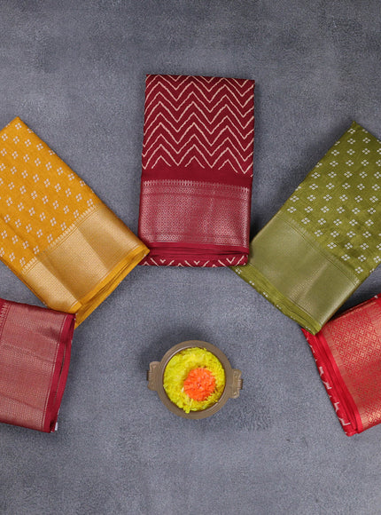 Semi dola pack of 5 multi colour and multi design with allover prints and zari woven border