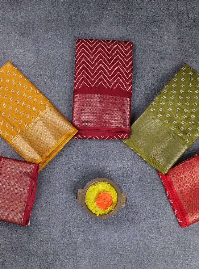 Semi dola pack of 5 multi colour and multi design with allover prints and zari woven border
