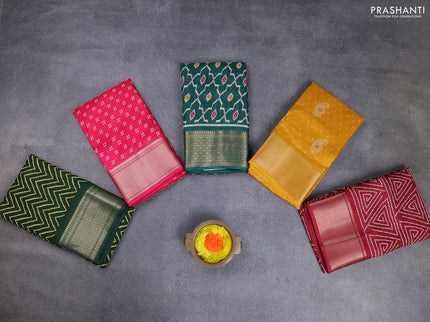 Semi dola pack of 5 multi colour and multi design with allover prints and zari woven border