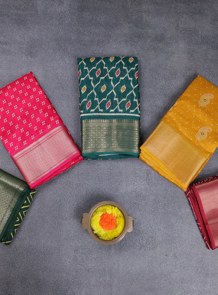 Semi dola pack of 5 multi colour and multi design with allover prints and zari woven border