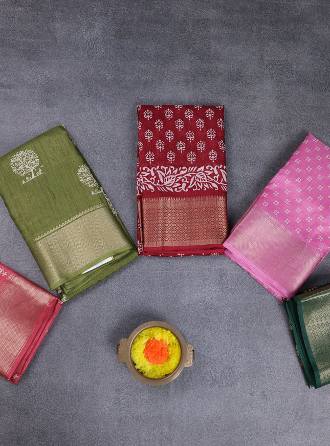 Semi dola pack of 5 multi colour with allover butta prints and zari woven border