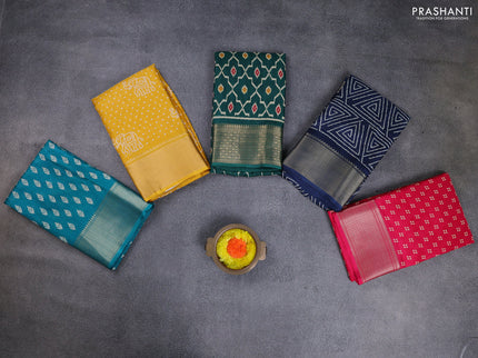 Semi dola pack of 5 multi colour and multi design with allover prints and zari woven border