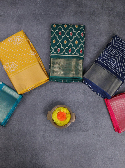 Semi dola pack of 5 multi colour and multi design with allover prints and zari woven border