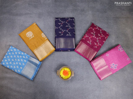 Semi dola pack of 5 multi colour and multi design with allover prints and zari woven border