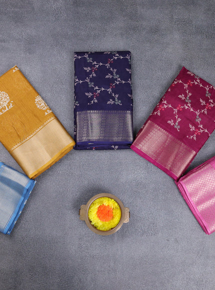Semi dola pack of 5 multi colour and multi design with allover prints and zari woven border
